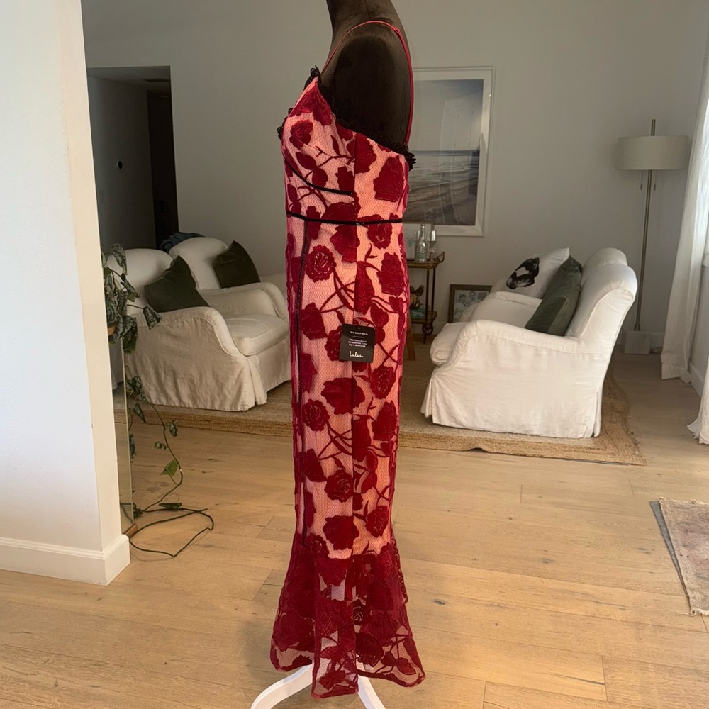 Lulus Alluring Dream Burgundy Floral Mesh Lace Trumpet Midi Dress Red - Size M - Picture 4 of 10